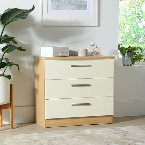 Knightsbridge Chest of Drawers, 3 Drawer, Cream High Gloss & Natural Oak Effect