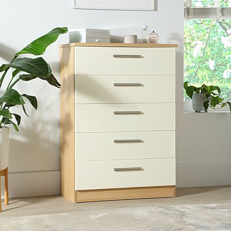 Knightsbridge Chest of Drawers, 5 Drawer, Cream High Gloss & Natural Oak Effect