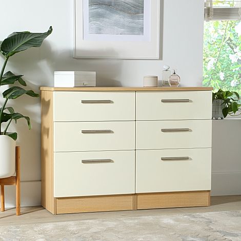 Knightsbridge Chest of Drawers, Midi 6 Drawer, Cream High Gloss & Natural Oak Effect