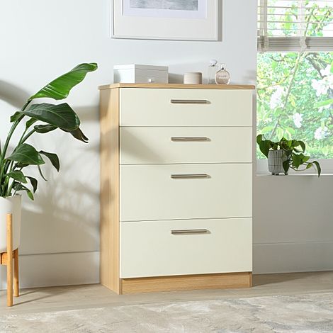 Knightsbridge Chest of Drawers, Deep 4 Drawer, Cream High Gloss & Natural Oak Effect