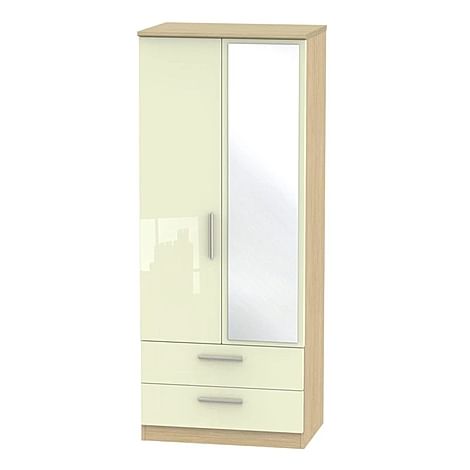 Knightsbridge Cream High Gloss and Oak 2 Door 2 Drawer Wardrobe with Mirror
