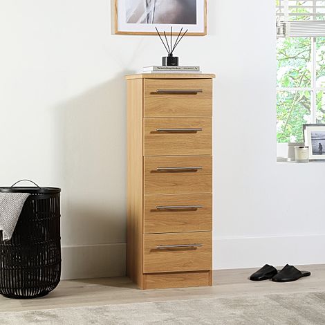 Sherwood Chest of Drawers, Narrow, 5 Drawer, Natural Oak Effect