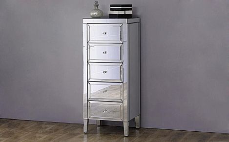 Valencia Mirrored Tall Narrow 5 Drawer Chest of Drawers