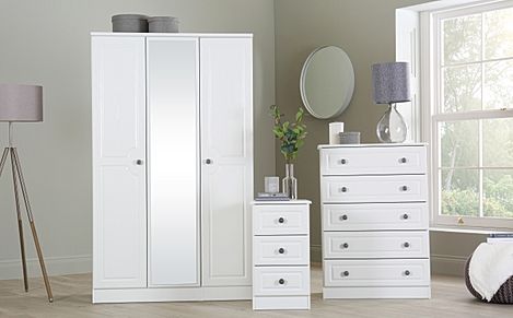 Pembroke 3 Piece 3 Door Wardrobe Bedroom Furniture Set, White Wood Effect