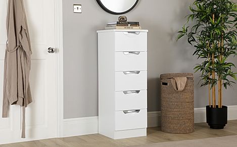 Camden Chest of Drawers, Narrow, 5 Drawer, White High Gloss & White Finish