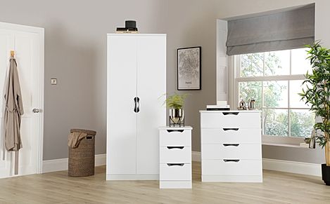 Camden 3 Piece 2 Door Wardrobe Bedroom Furniture Set, White High Gloss, White Finish