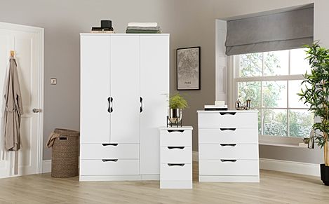 Camden 3 Piece 3 Door Wardrobe Bedroom Furniture Set, White High Gloss, White Finish