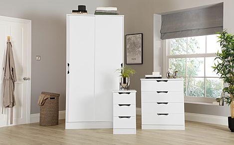 Camden 3 Piece 2 Door Wardrobe Bedroom Furniture Set, White High Gloss, White Finish