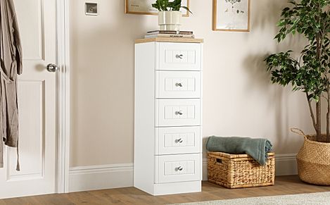 Vienna Chest of Drawers, Narrow, 5 Drawer, White Wood Effect & Natural Oak Effect