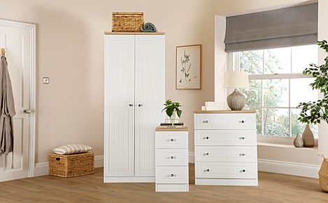 Vienna 3 Piece 2 Door Wardrobe Bedroom Furniture Set, White Wood Effect, Natural Oak Effect