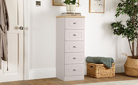 Vienna Chest of Drawers, Narrow, 5 Drawer, Stone Grey Wood Effect & Natural Oak Effect