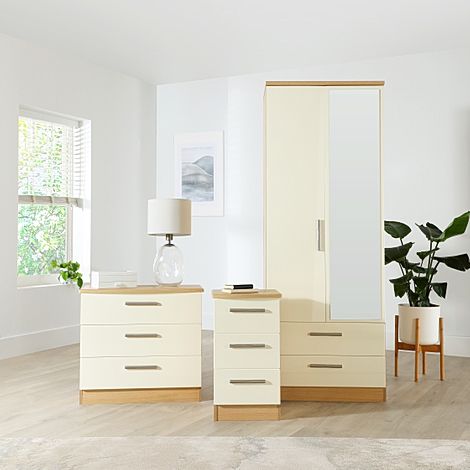 Knightsbridge 3 Piece 2 Door Wardrobe Bedroom Furniture Set, Cream High Gloss, Natural Oak Effect