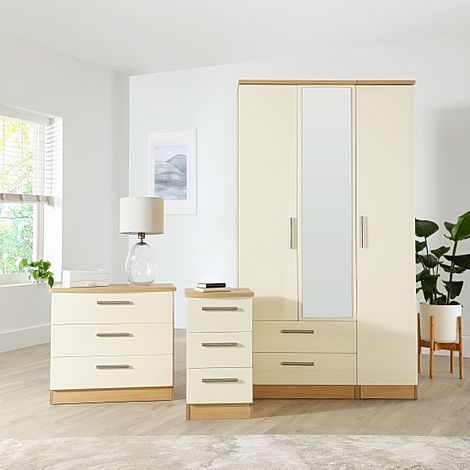 Knightsbridge Cream High Gloss and Oak 3 Piece 3 Door Wardrobe Bedroom Furniture Set
