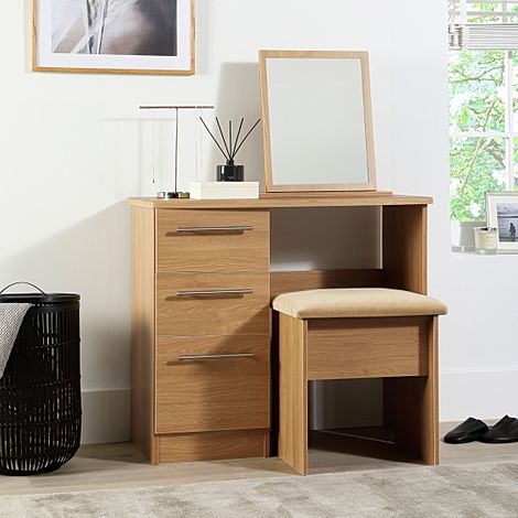 Sherwood Dressing Table, Stool and Mirror Set, 3 Drawer, Natural Oak Effect