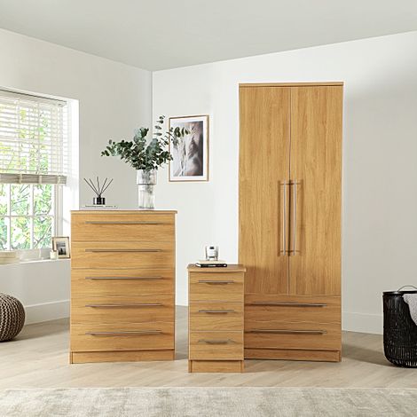 Sherwood 3 Piece 2 Door Wardrobe Bedroom Furniture Set, Natural Oak Effect