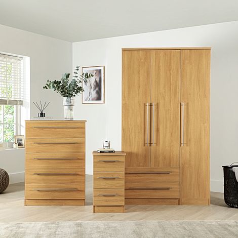 Sherwood 3 Piece 3 Door Wardrobe Bedroom Furniture Set, Natural Oak Effect