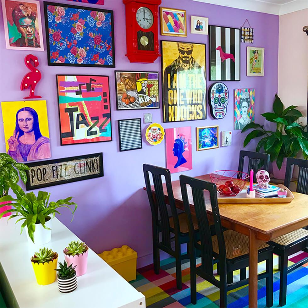 colourful pop art gallery wall in an orchid purple dining room