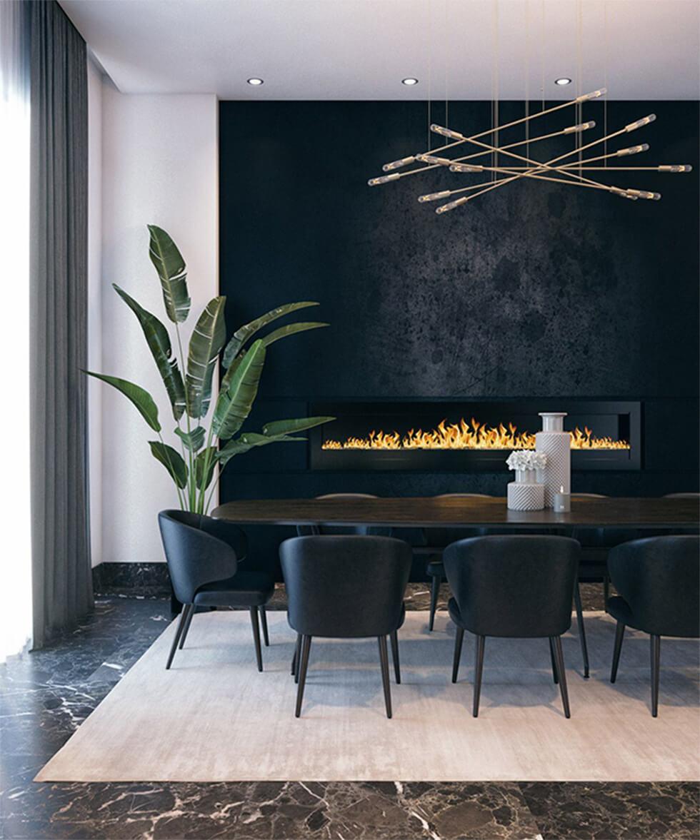 black feature wall in a modern minimalist dining room