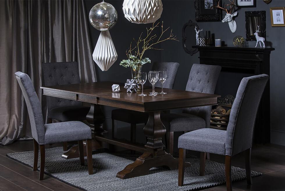 dark grey formal dining room with dark wood dining set