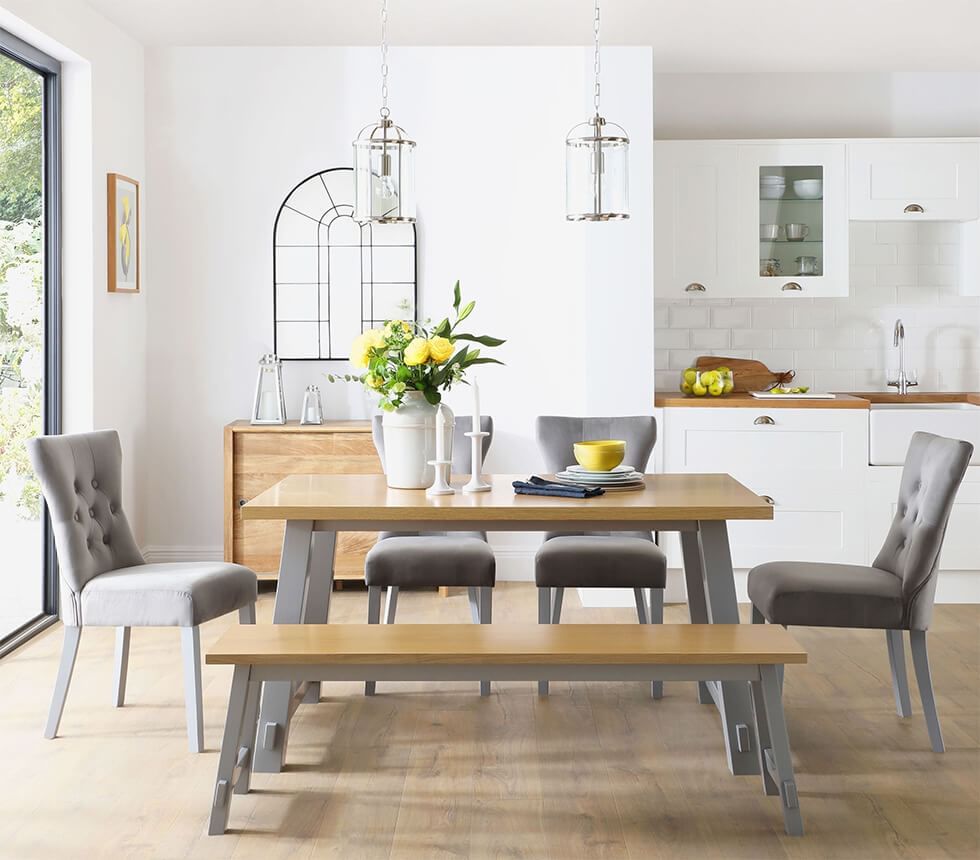 Grey and white dining room with bright yellow contrasts