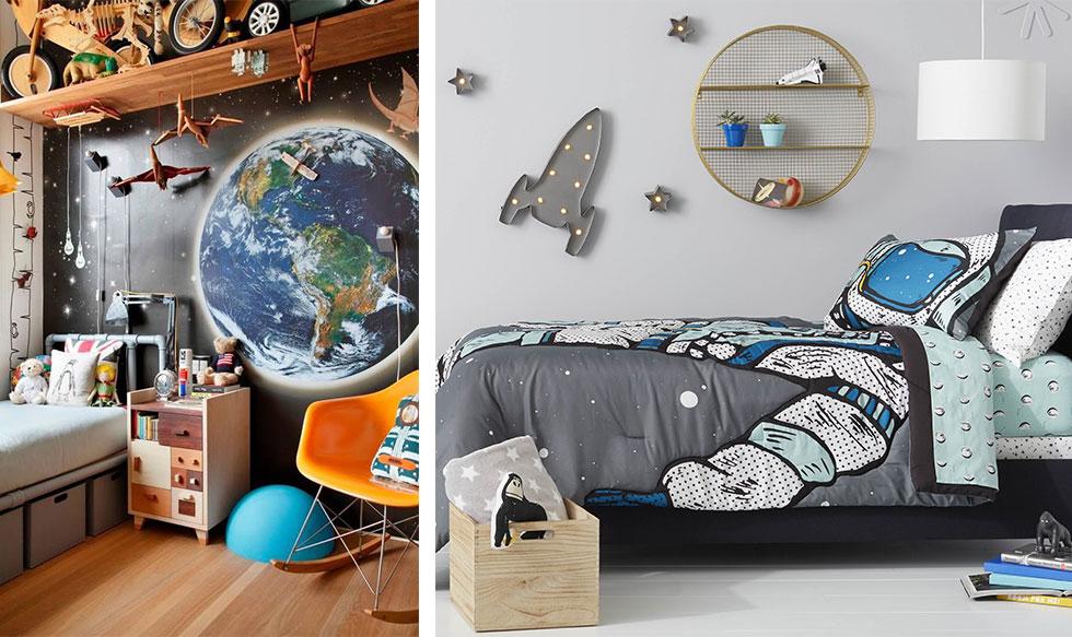 Space-themed kids bedrooms in blue and grey.