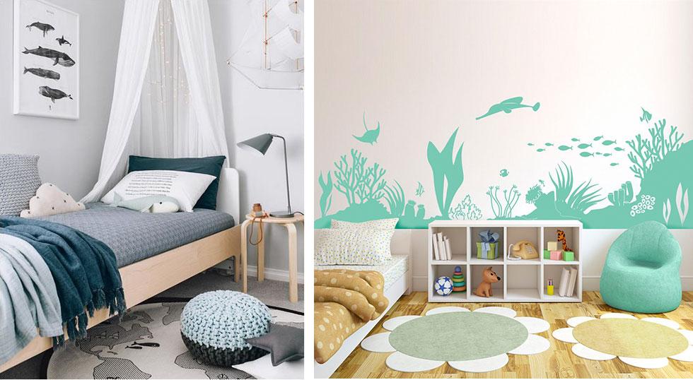 Ocean-inspired kids bedrooms in blue, grey, and turquoise.