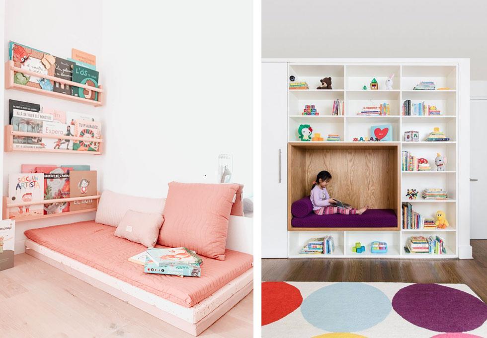 Kids bedrooms with bookshelves and reading nooks.