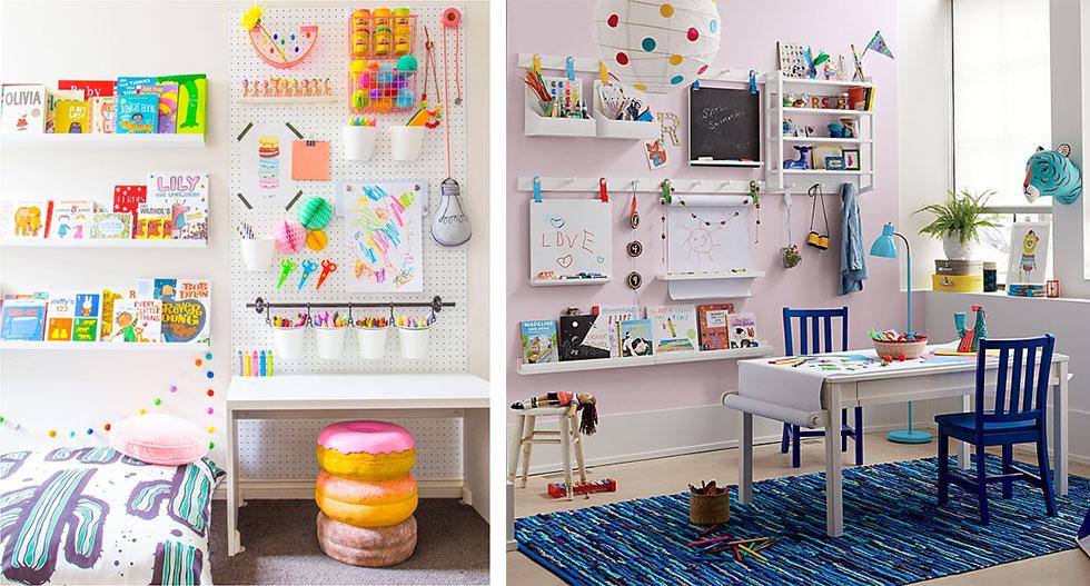 Kids bedrooms with arts and crafts materials corner.