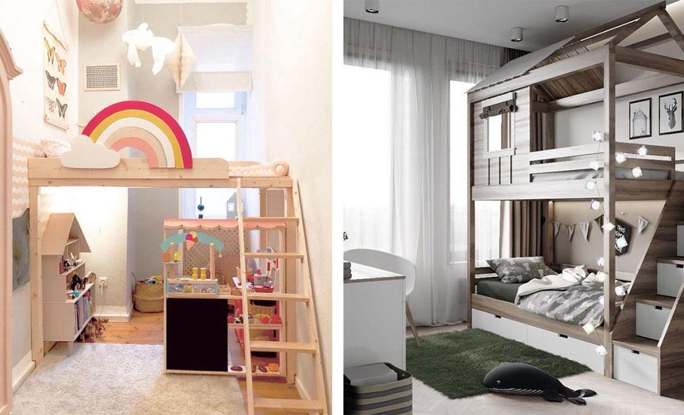 Kids bedrooms with bunk beds featuring work and play space underneath.