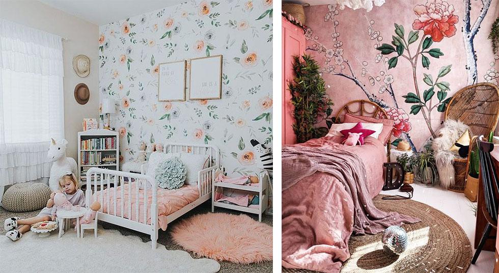 Light peach and pink kids bedrooms with floral wall decals.