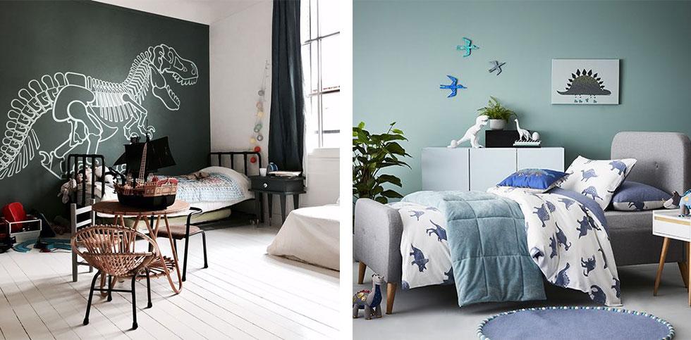 Kids bedrooms with dinosaur decals and decor.