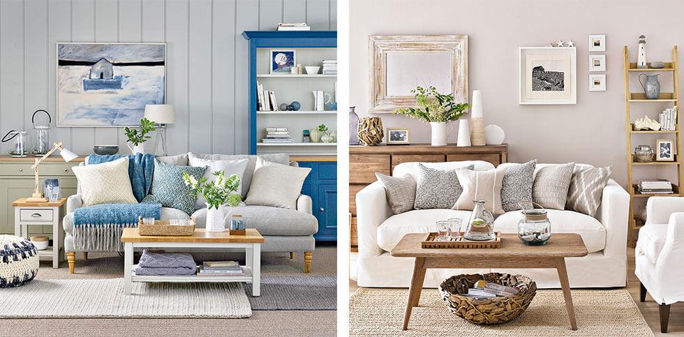 Grey rooms with blue and ivory furniture respectively.