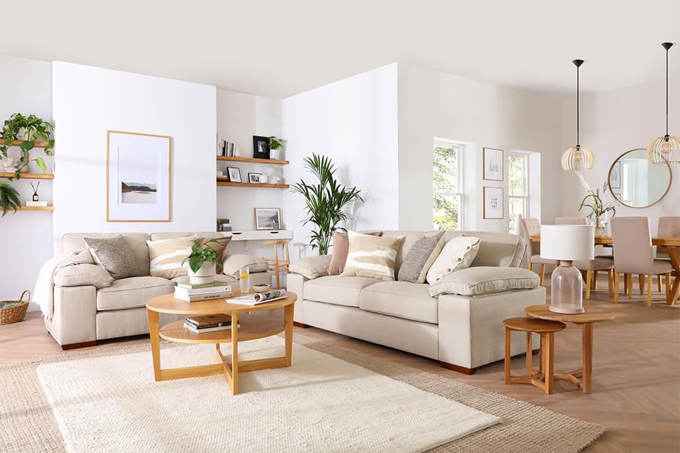 Open plan living room layout in a neutral colour scheme