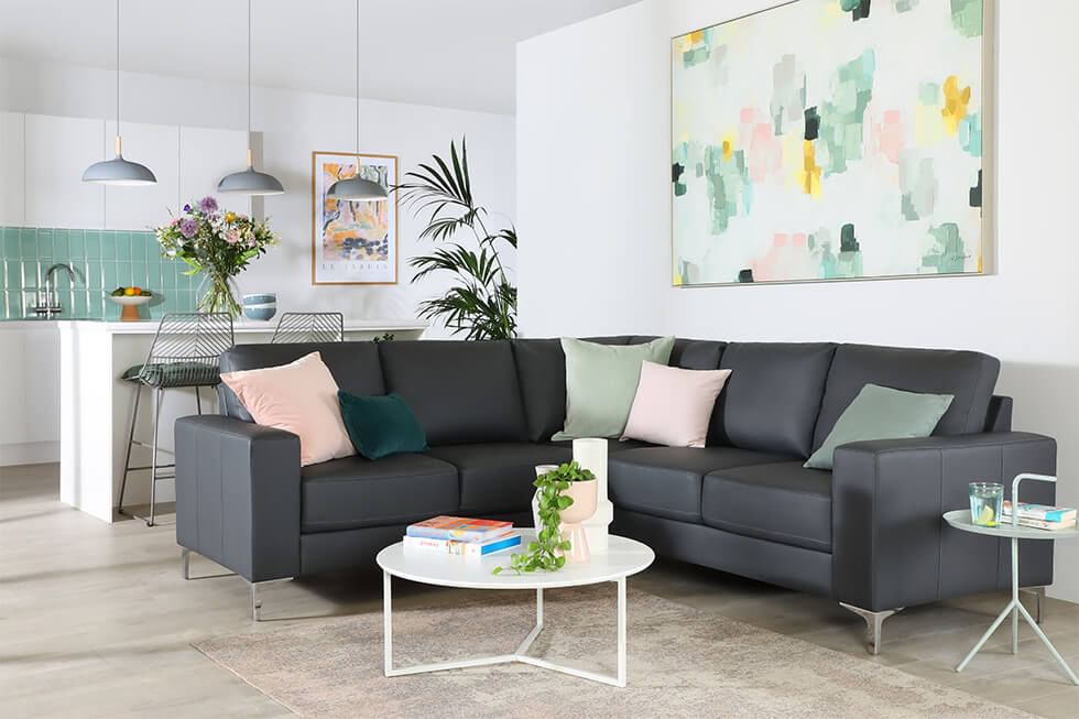 Stylish living room with a leather corner sofa