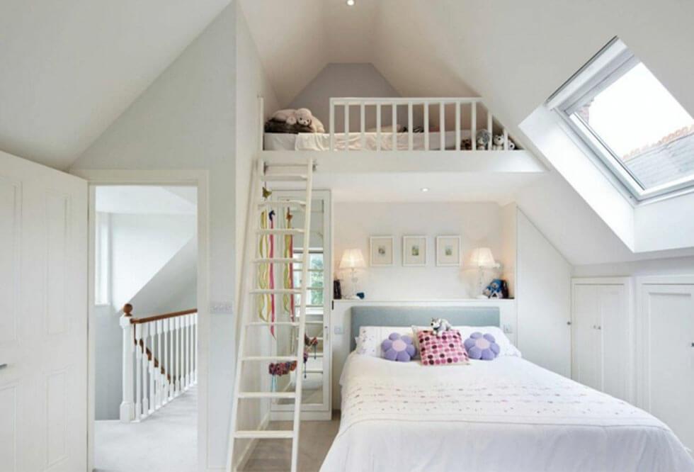 Loft bedroom with high ceiling and loft bed