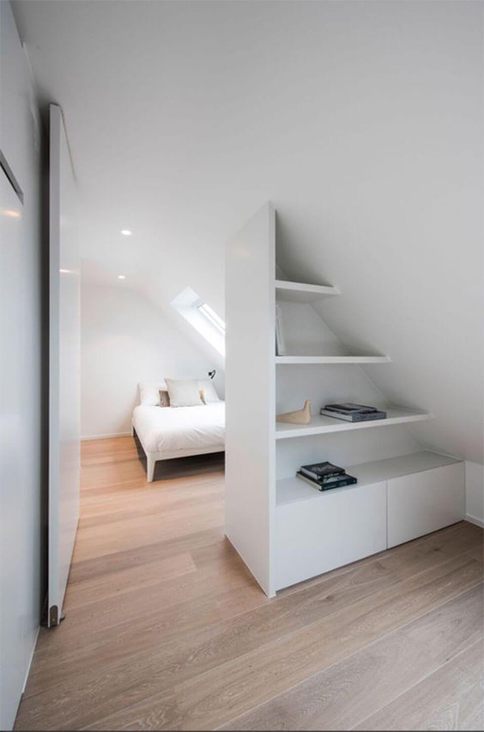 Minimalist and white loft bedroom