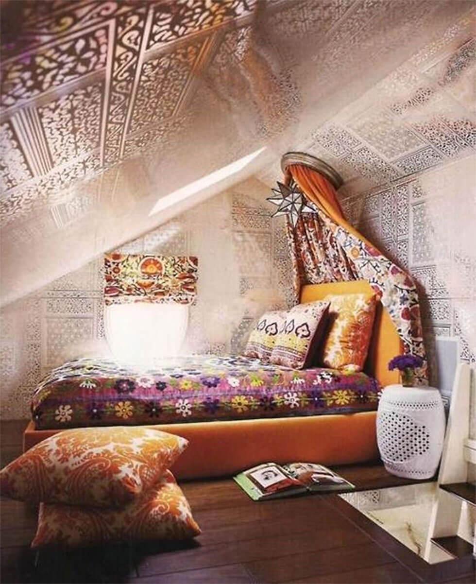 Loft bedroom in a bohemian style