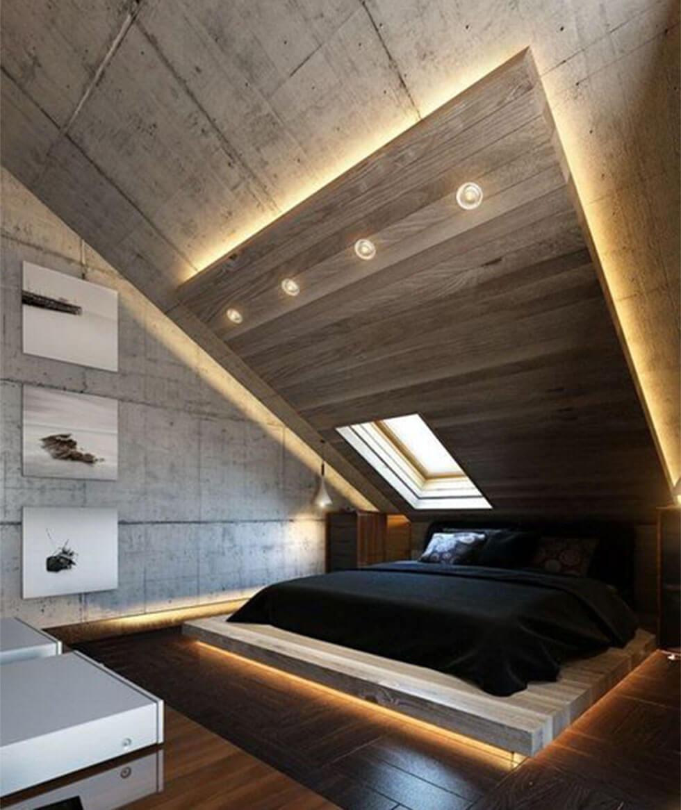Loft bedroom with uneven ceiling