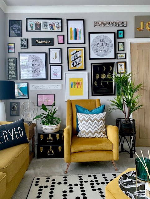 Pops of yellow in a modern grey living room