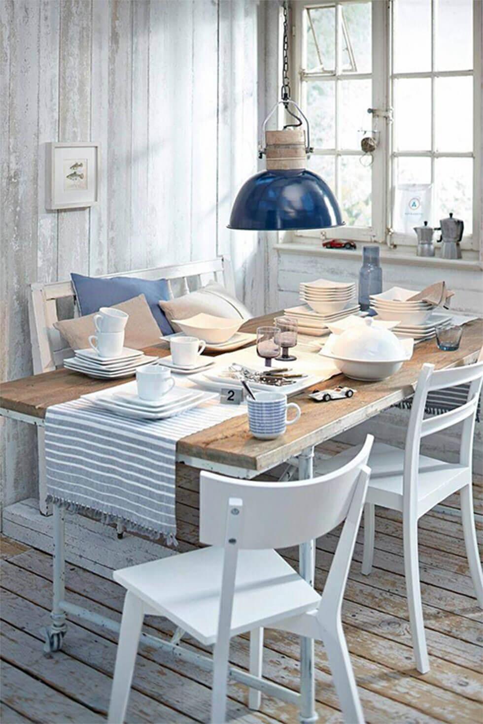 coastal style blue and grey dining room