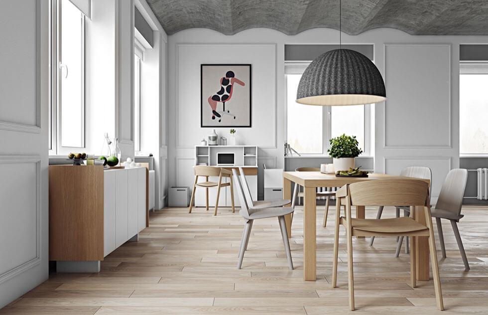 scandinavian inspired grey dining room in a neutral palette