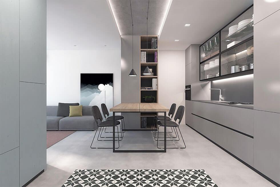 minimalist grey dining room with thin legged furniture and clean surfaces