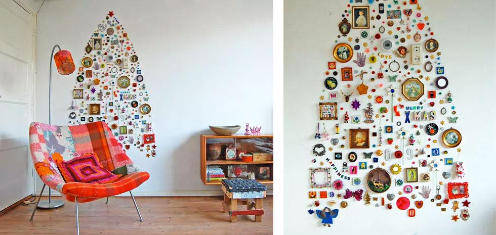 Objects assembled into a Christmas tree.