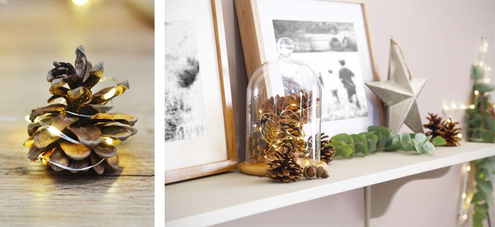 Collage of acorns with fairy lights and a bell jar.