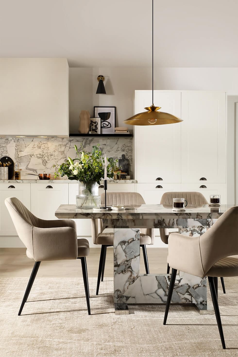 Luxurious marble dining table in a stylish kitchen