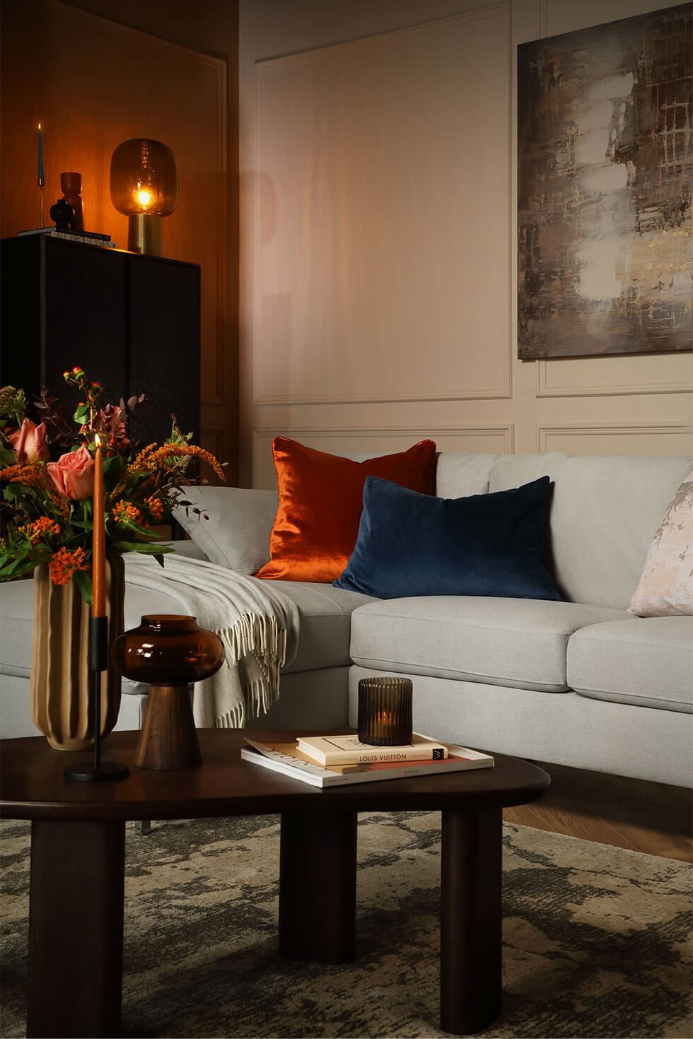 Dark wood coffee table in a cosy living room