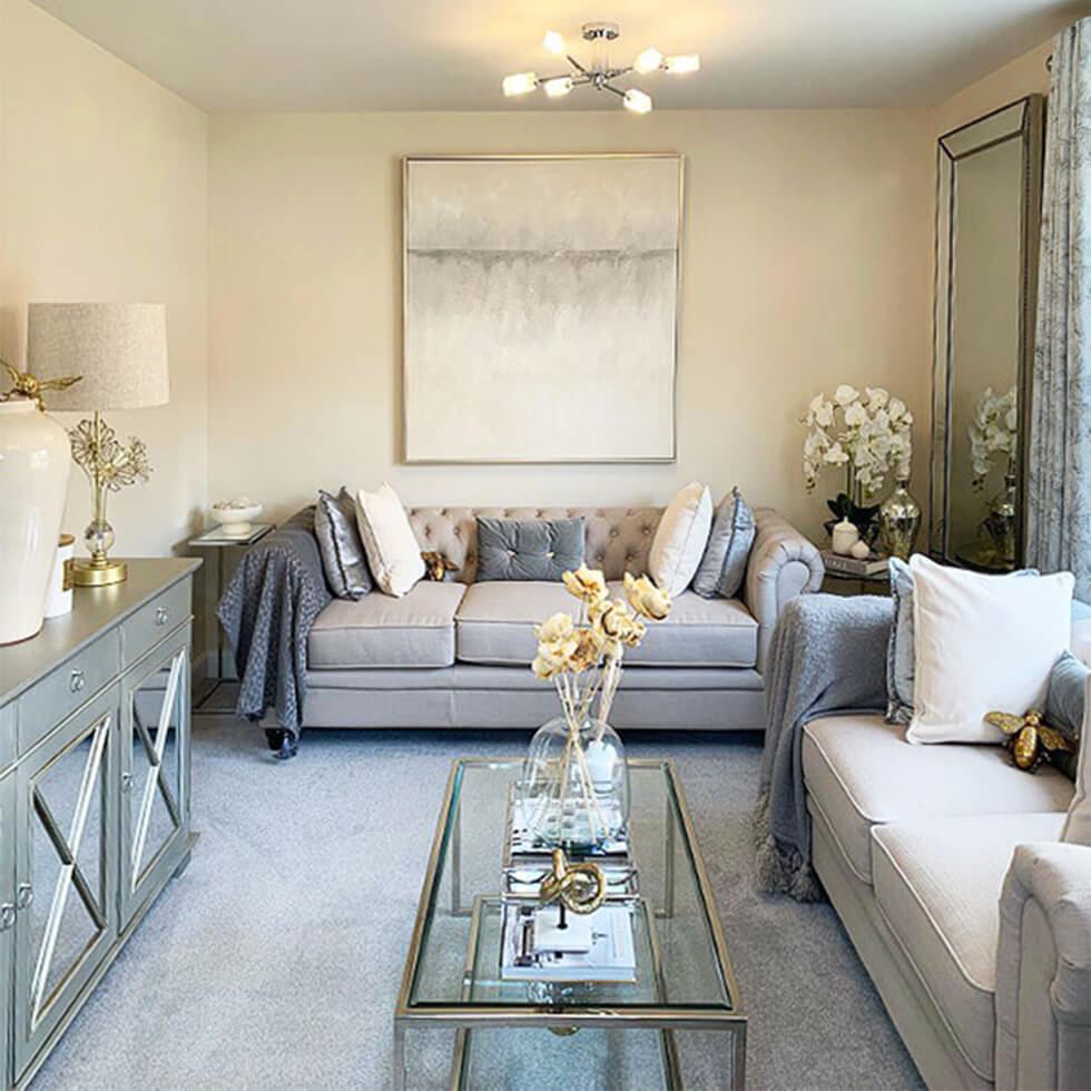 Classic neutral living room with luxe metallics
