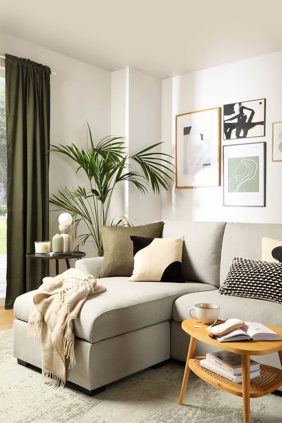 Scandi style living room in neutral colours with a comfy sofa