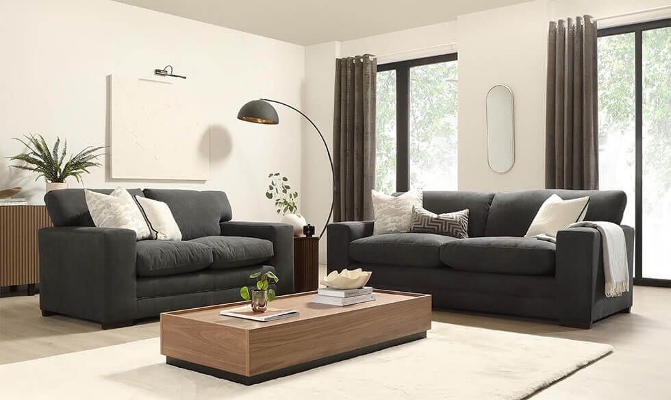 Japandi living room with grey sofa set