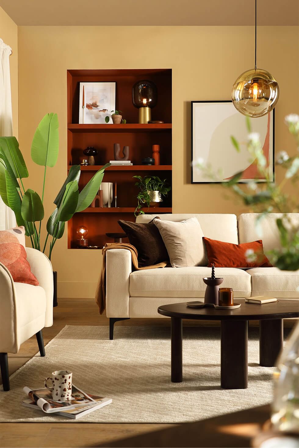 Beige living room layered with different shades of brown